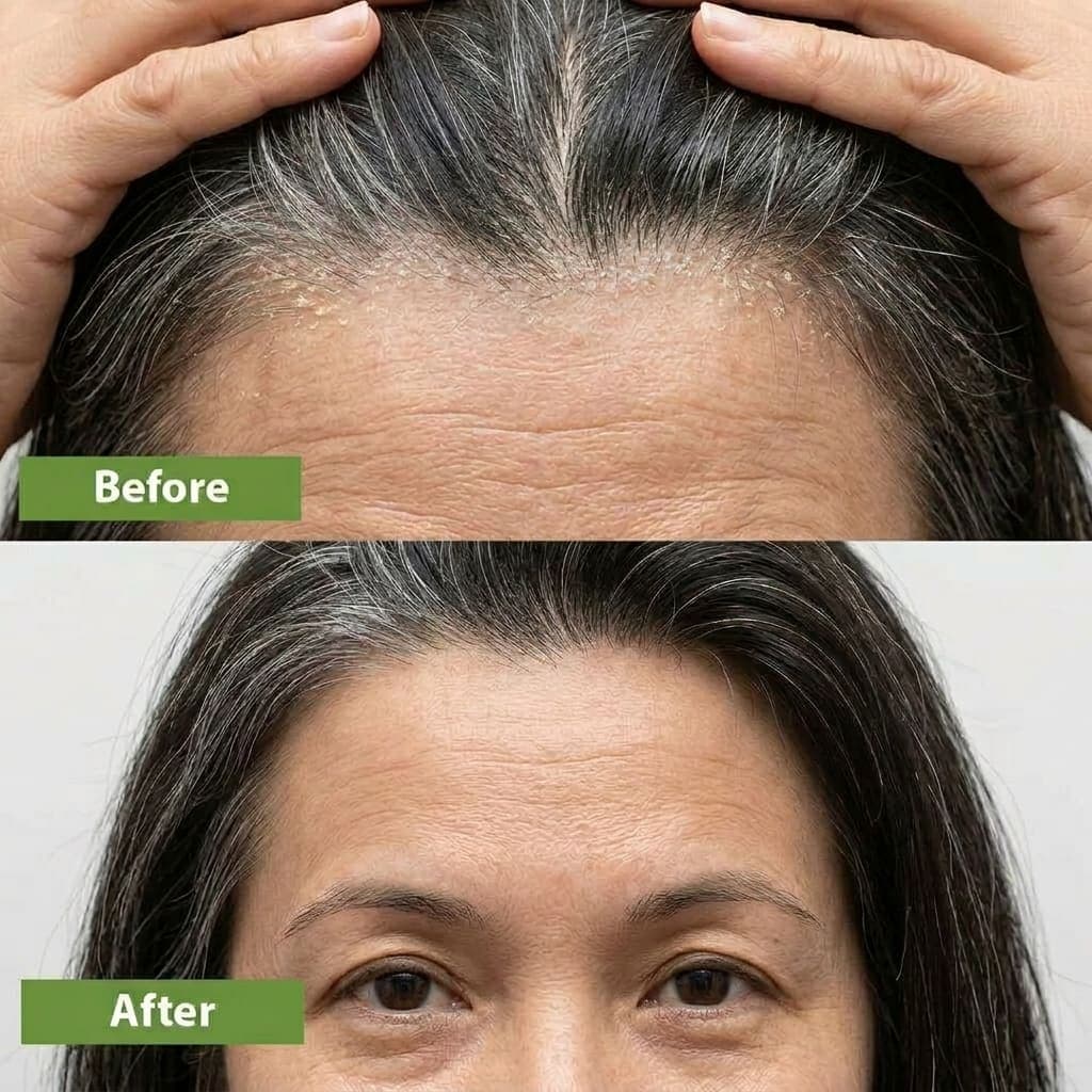 Linda's scalp before and after ScalpRoot — crusting and redness cleared