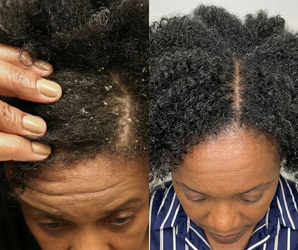 Trinity's scalp before and after ScalpRoot — flakes cleared