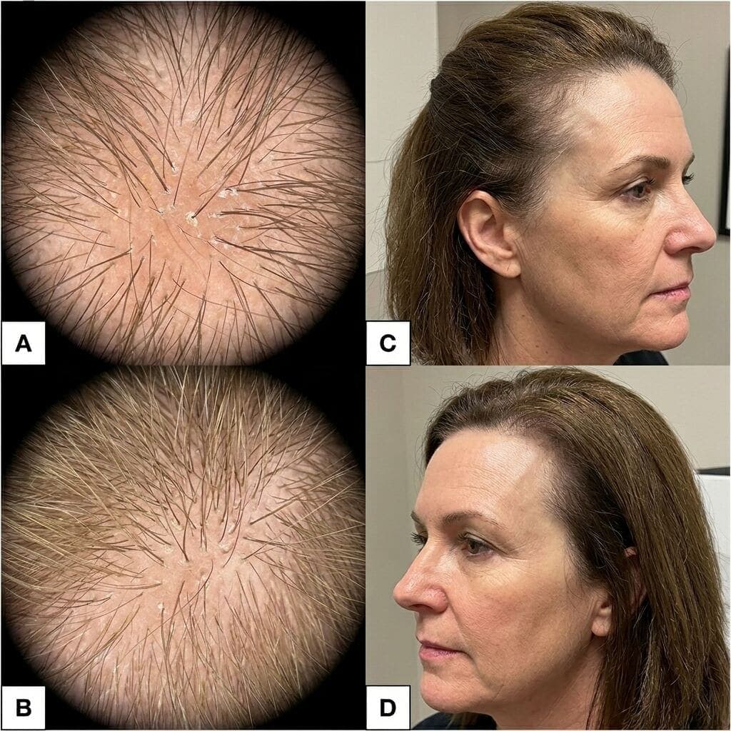Clinical scalp imaging and patient photographs showing reduction in flaking and visible scalp inflammation