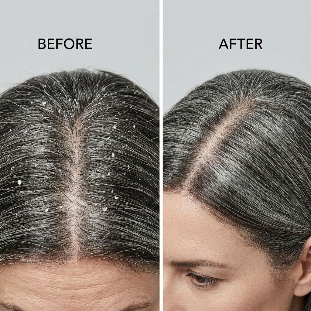 Margaret's scalp before and after ScalpRoot — flakes cleared