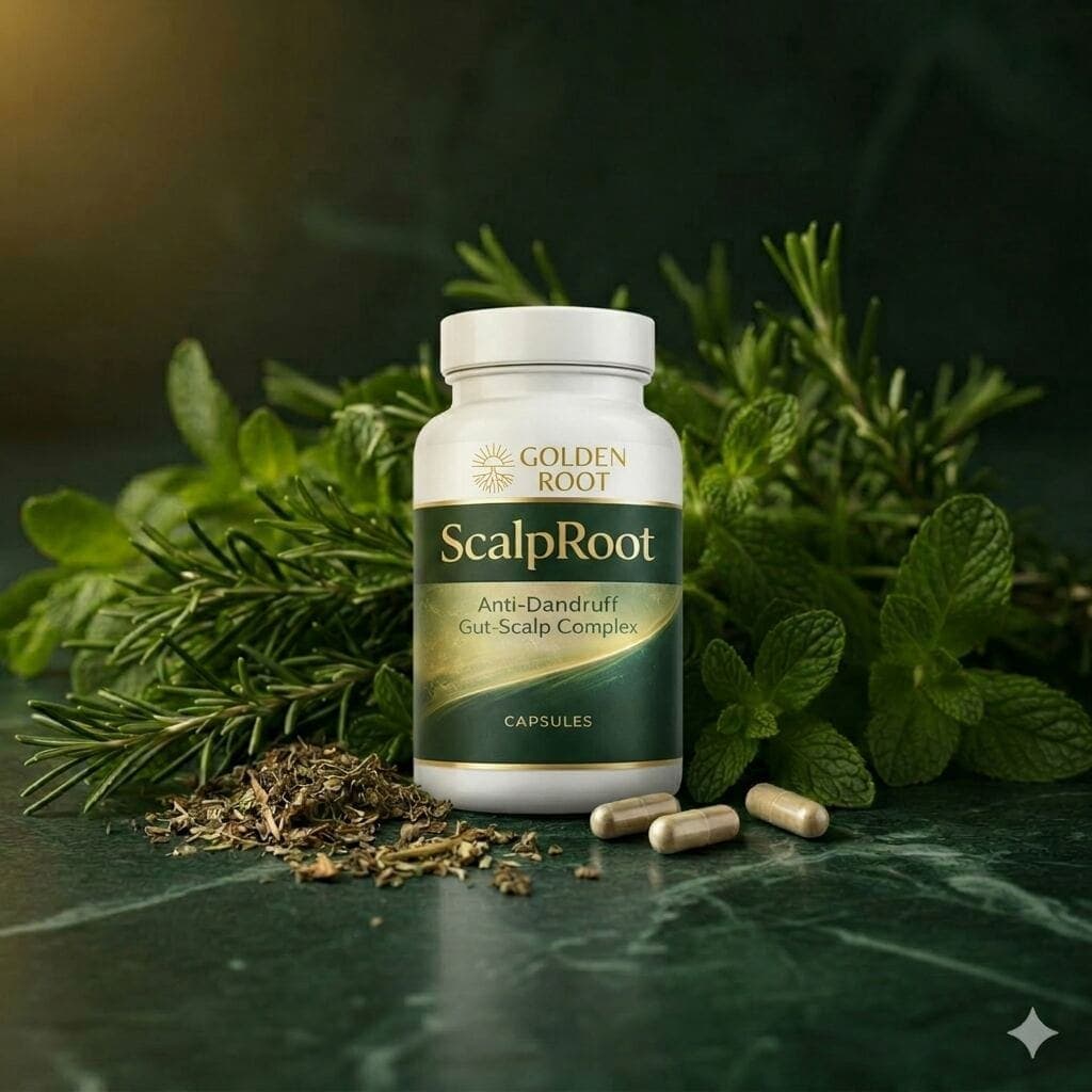 ScalpRoot bottle surrounded by fresh herbs and natural ingredients
