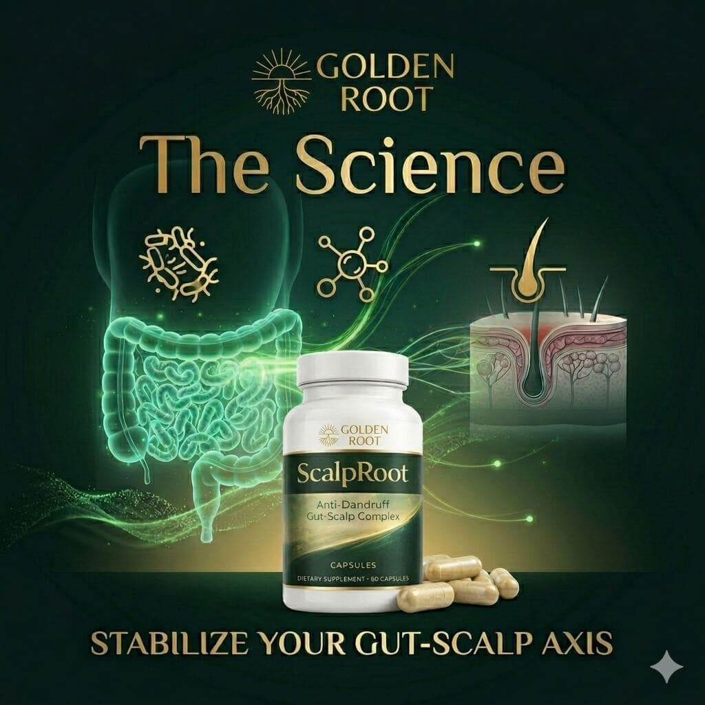 Scientific illustration of the gut-skin axis showing how gut microbiome connects to scalp health through inflammation and sebum balance pathways